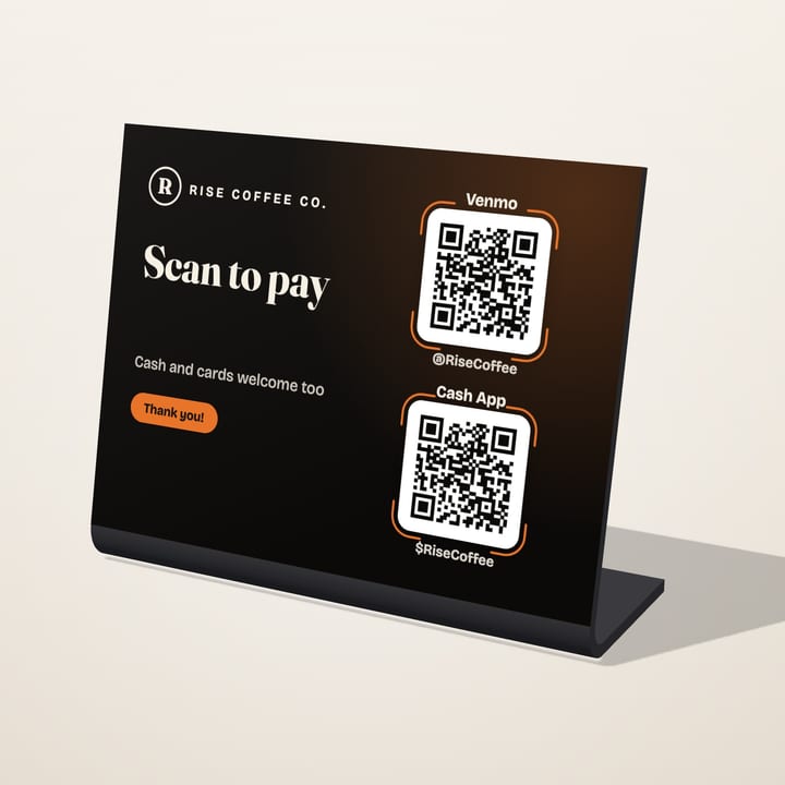 Sample coffee shop sign: Venmo + Cash App · 4×3 counter sign
