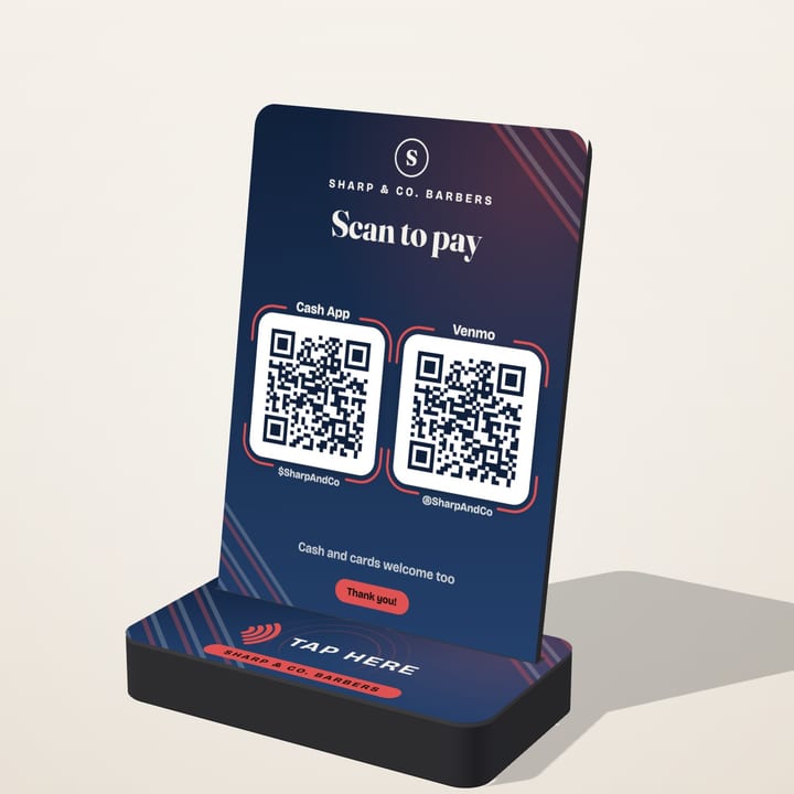 Sample barbershop sign: Cash App + Venmo · Tap & Scan Stand