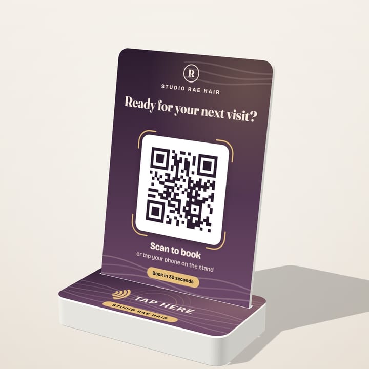 Sample hair salon sign: Online booking · Tap & Scan Stand
