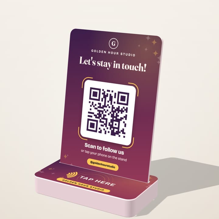 Sample photo studio sign: Instagram follows · Tap & Scan Stand