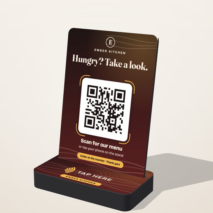 Sample restaurant sign: Menu · Tap & Scan Stand