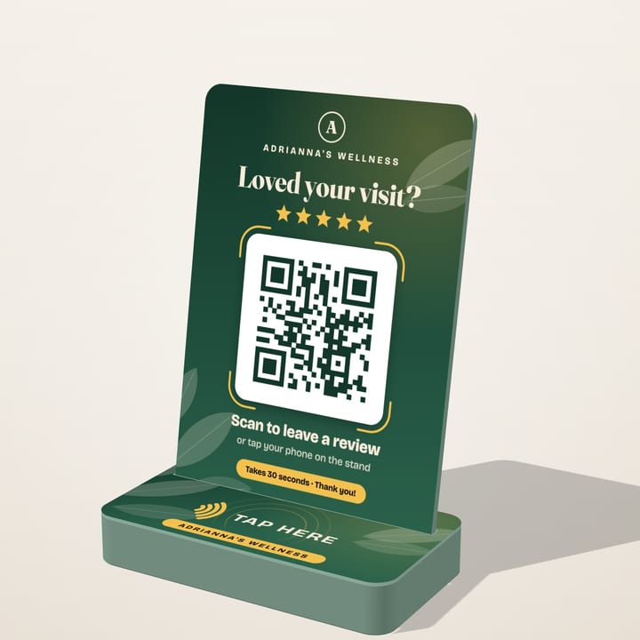 Sample massage & wellness sign: Google reviews · Tap & Scan Stand